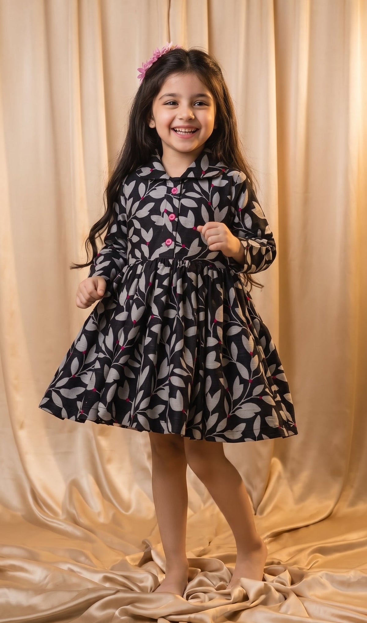 Black Grey Leaf Khaddar Frock (M082)
