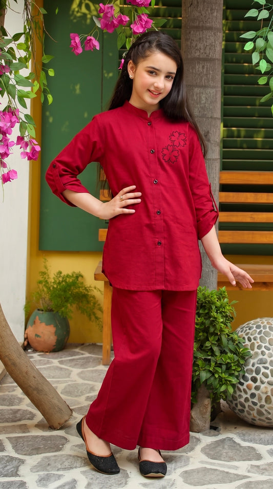 Red Embroidered Khaddar Co-Ord Set