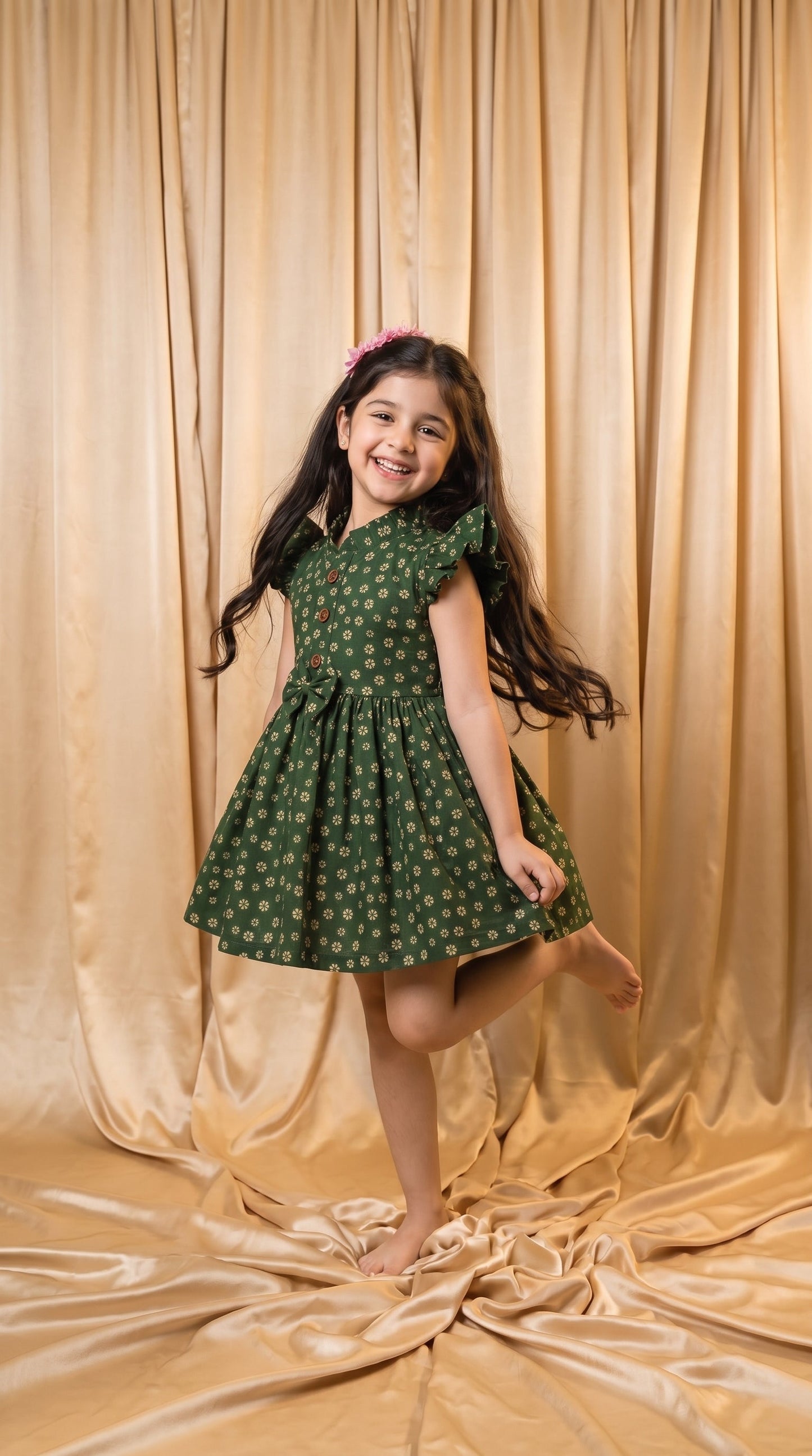 Green Floral Cotton Frock (M055)