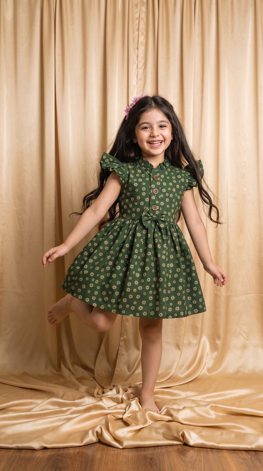 Green Floral Cotton Frock (M055)