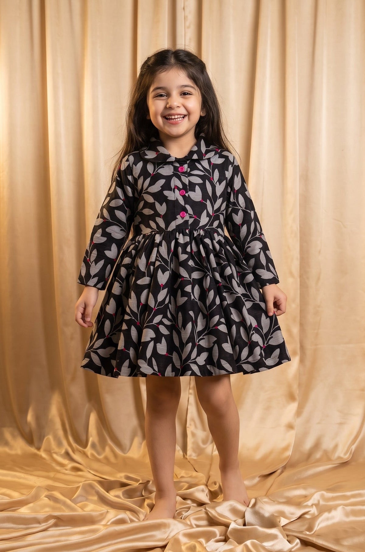 Black Grey Leaf Khaddar Frock (M082)