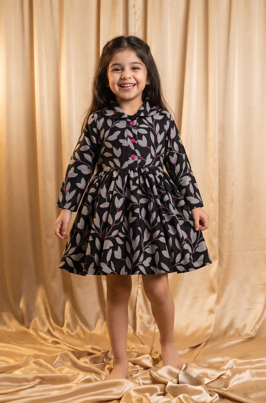 Black Grey Leaf Khaddar Frock (M082)