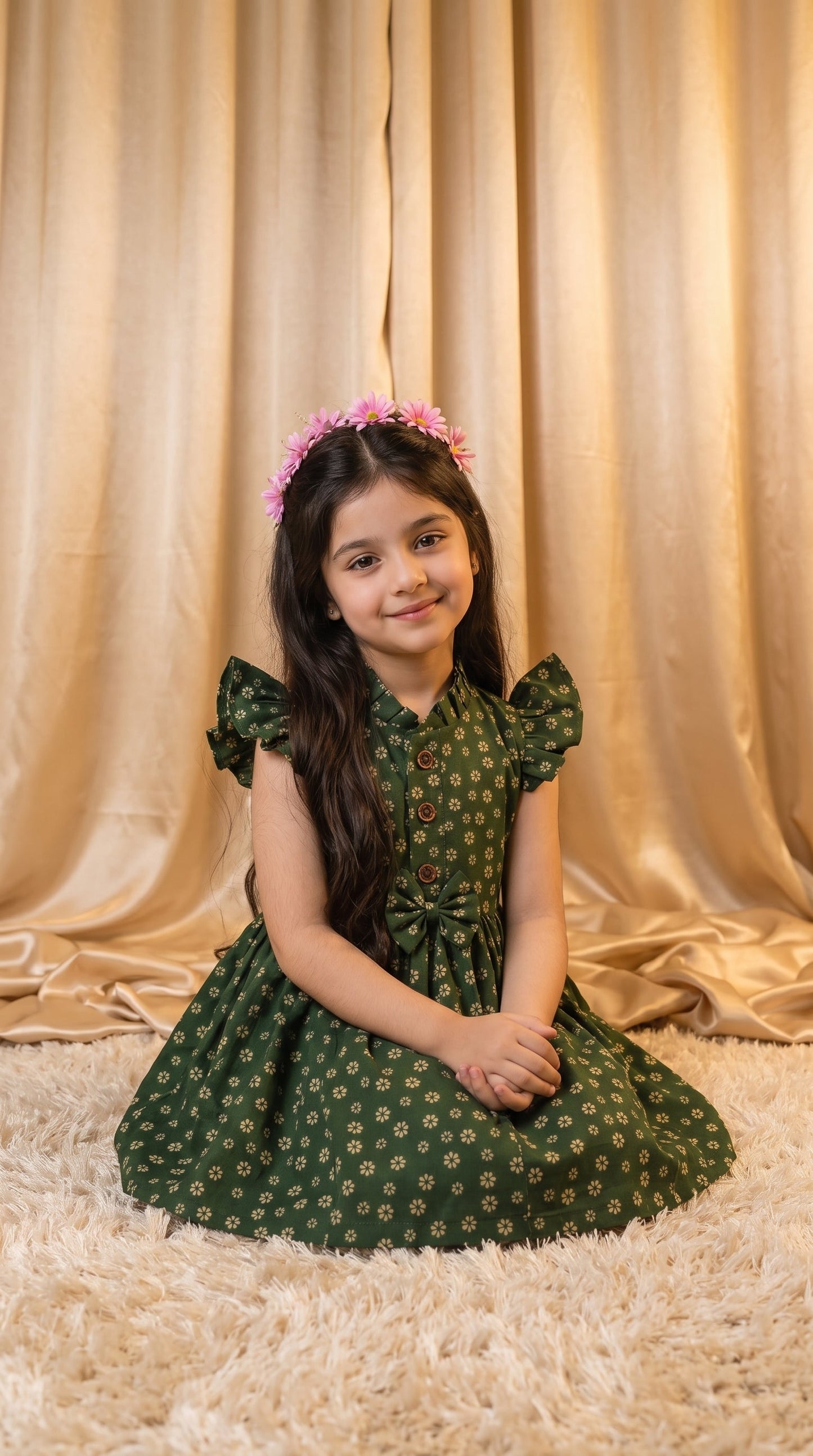 Green Floral Cotton Frock (M055)