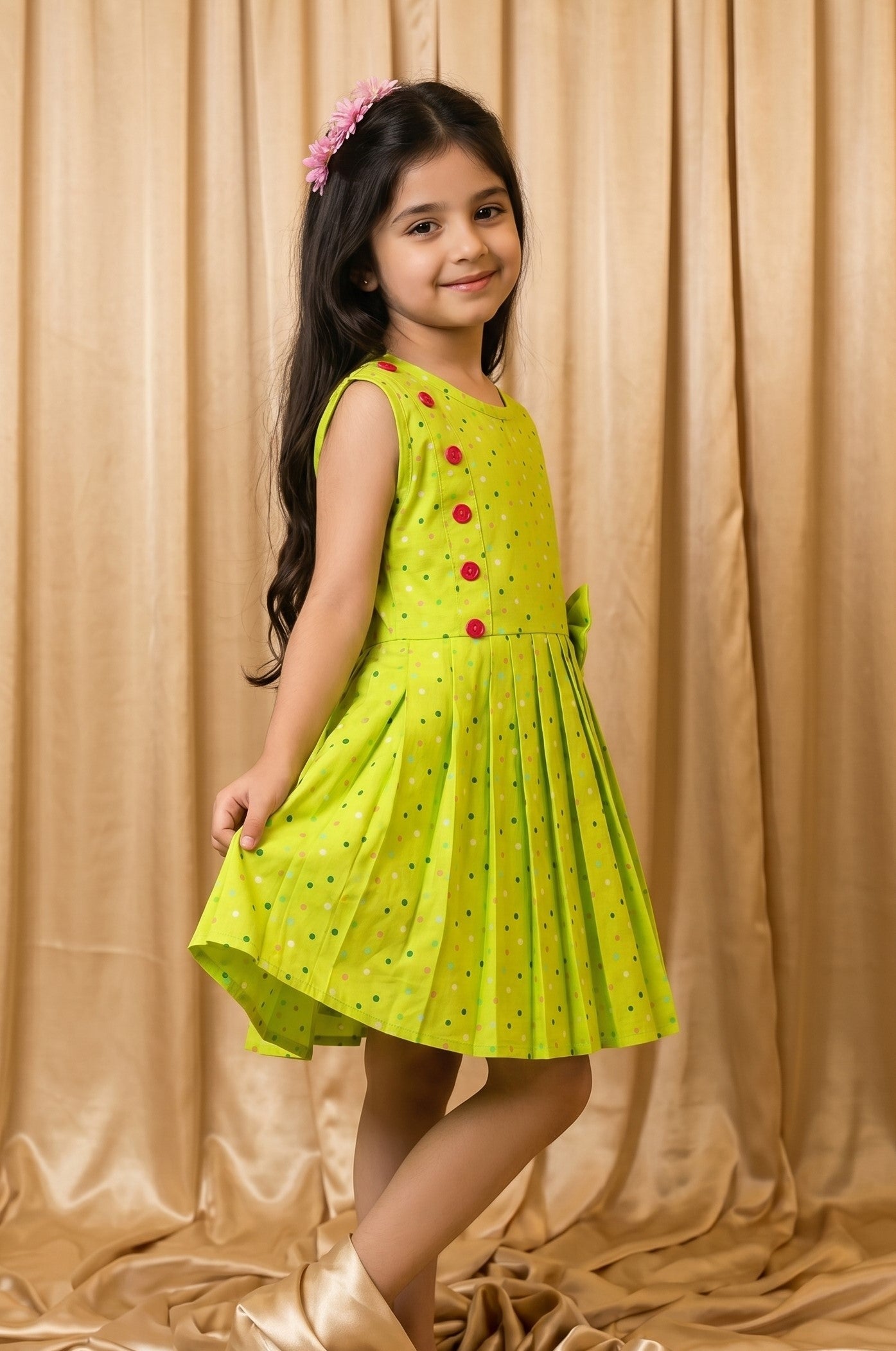 Lime Green Candy Dot Cotton Frock (M010)