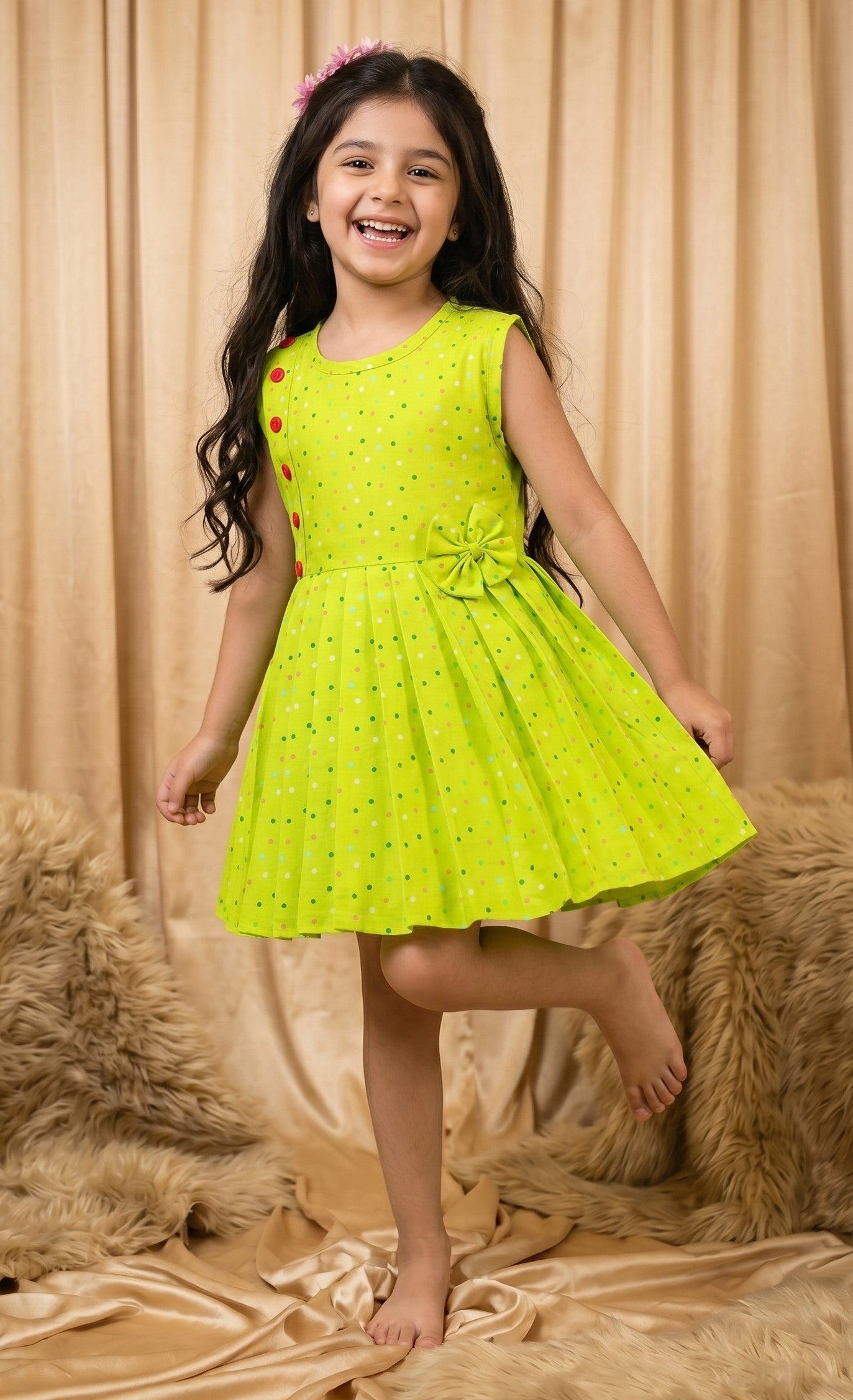 Lime Green Candy Dot Cotton Frock (M010)