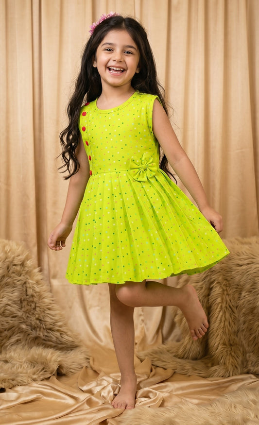 Lime Green Candy Dot Cotton Frock (M010)