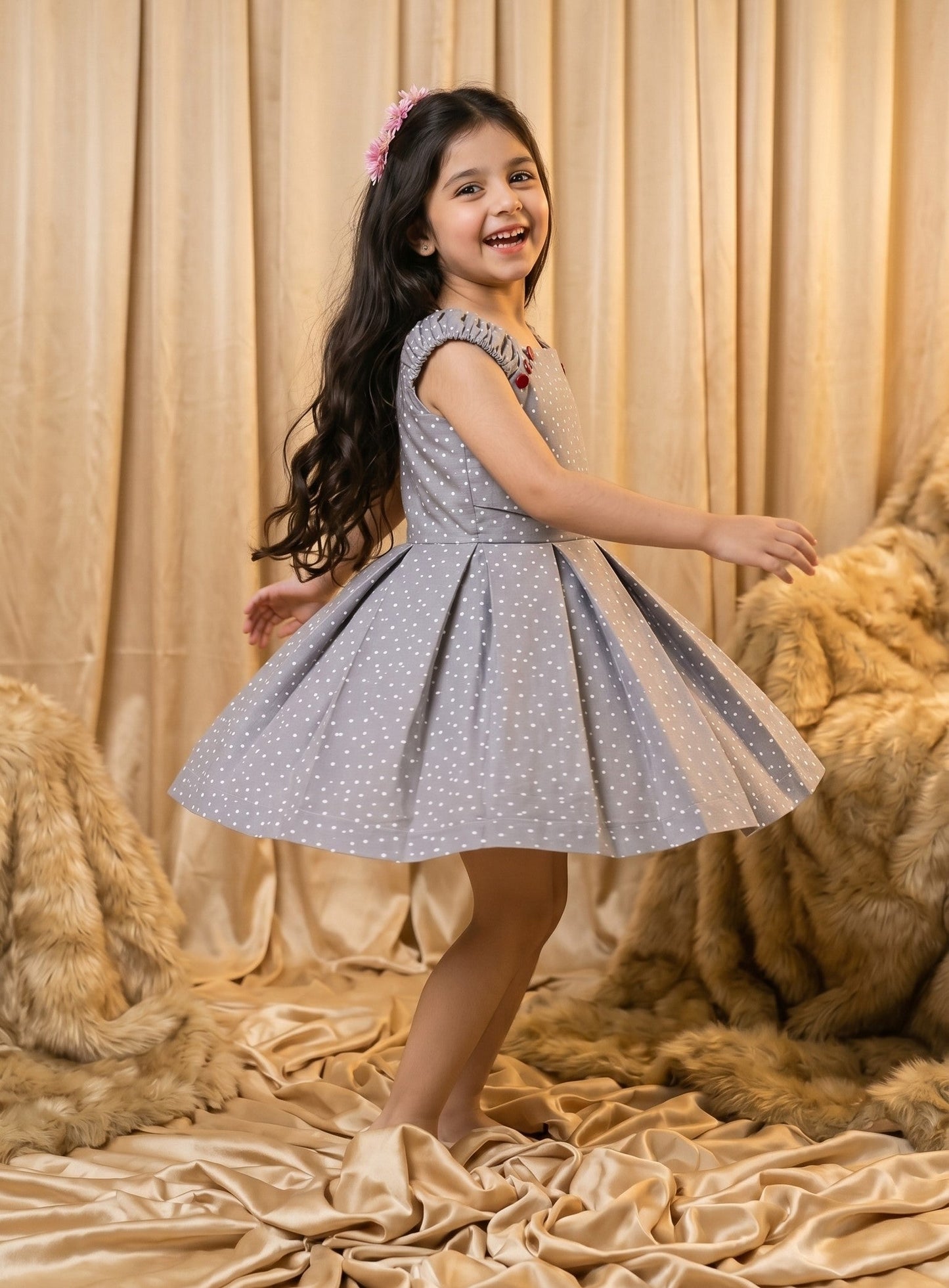 Grey Polka Dot Cotton Frock (M009)