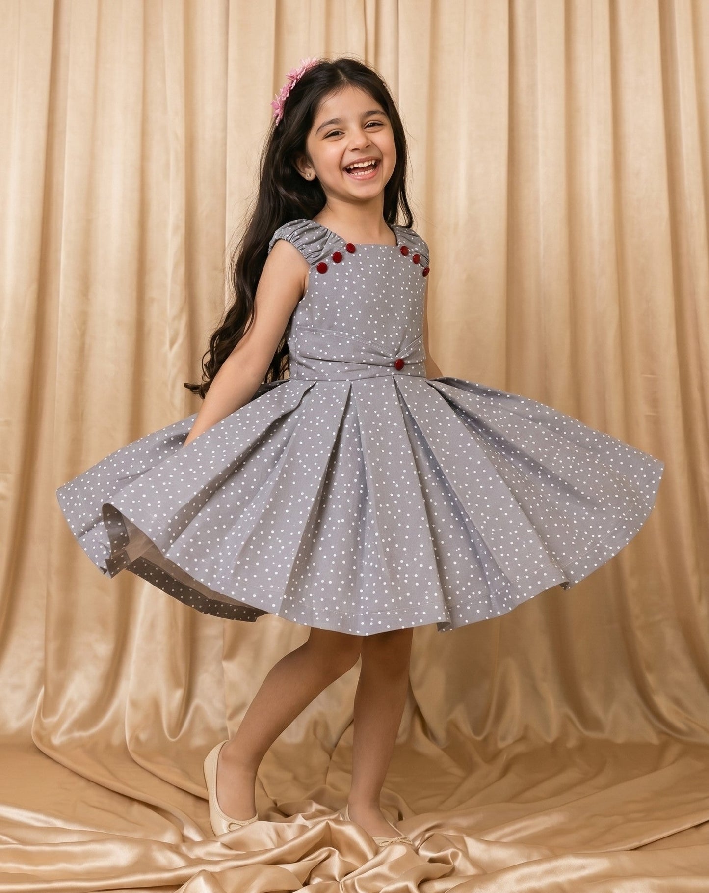 Grey Polka Dot Cotton Frock (M009)