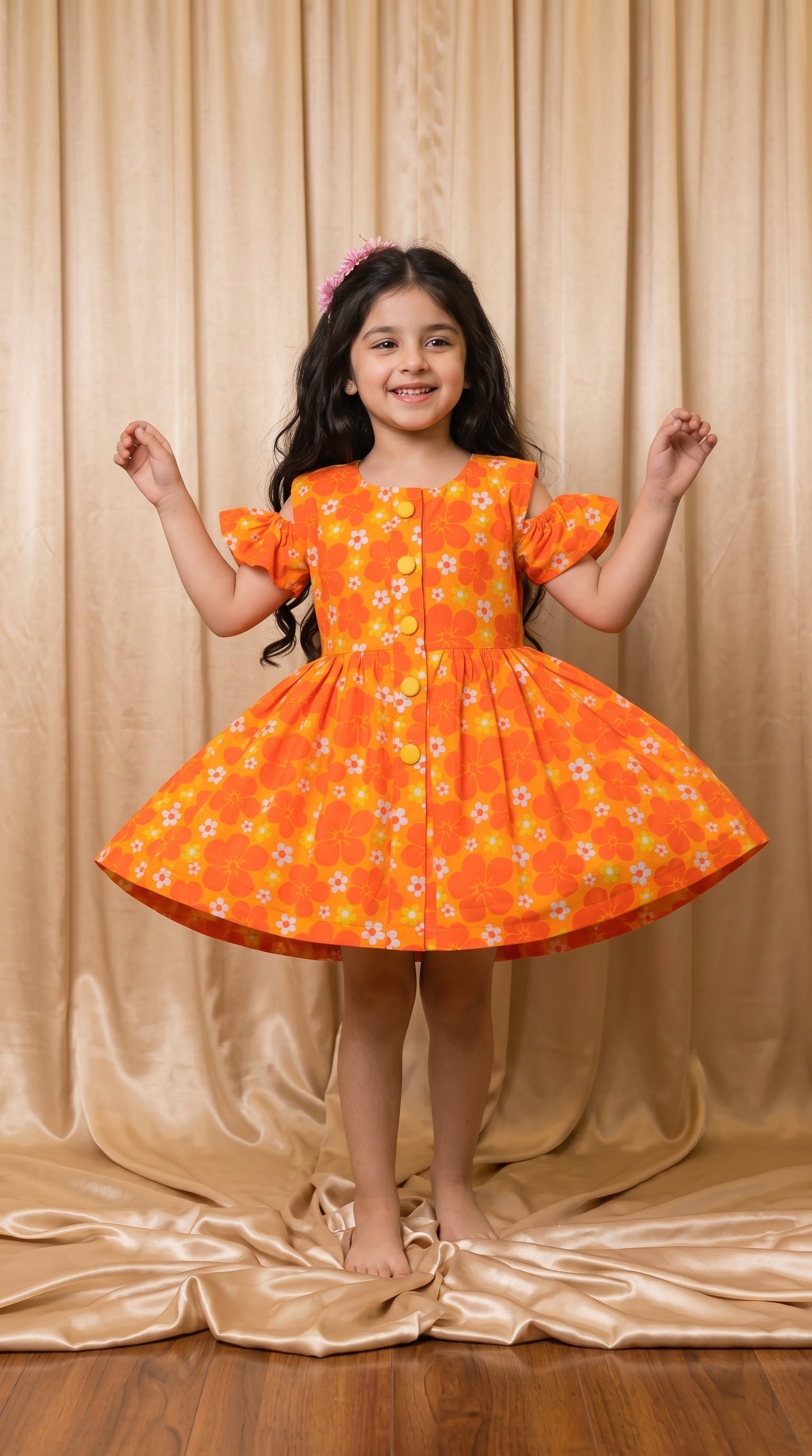Orange Floral Cotton Frock (M017)