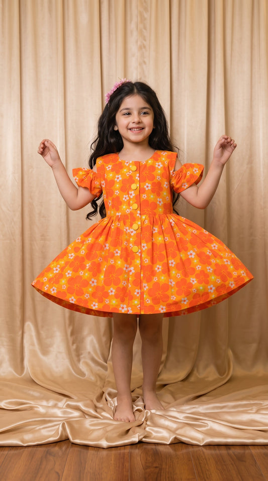 Orange Floral Cotton Frock (M017)