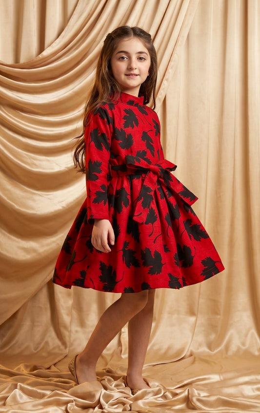 Premium Red Black Leaf Khaddar Frock (M081)