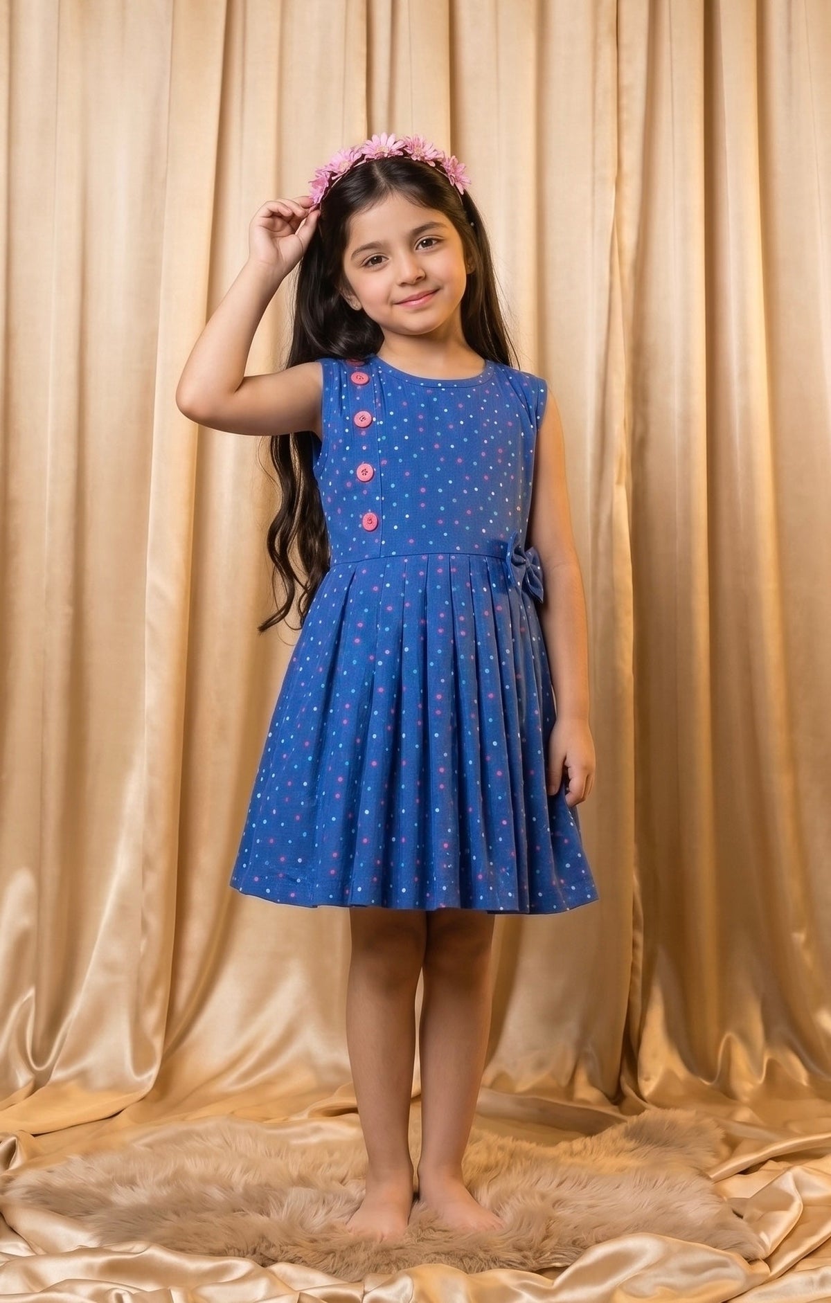 Blue Multi Polka Dot Cotton Frock (M072)