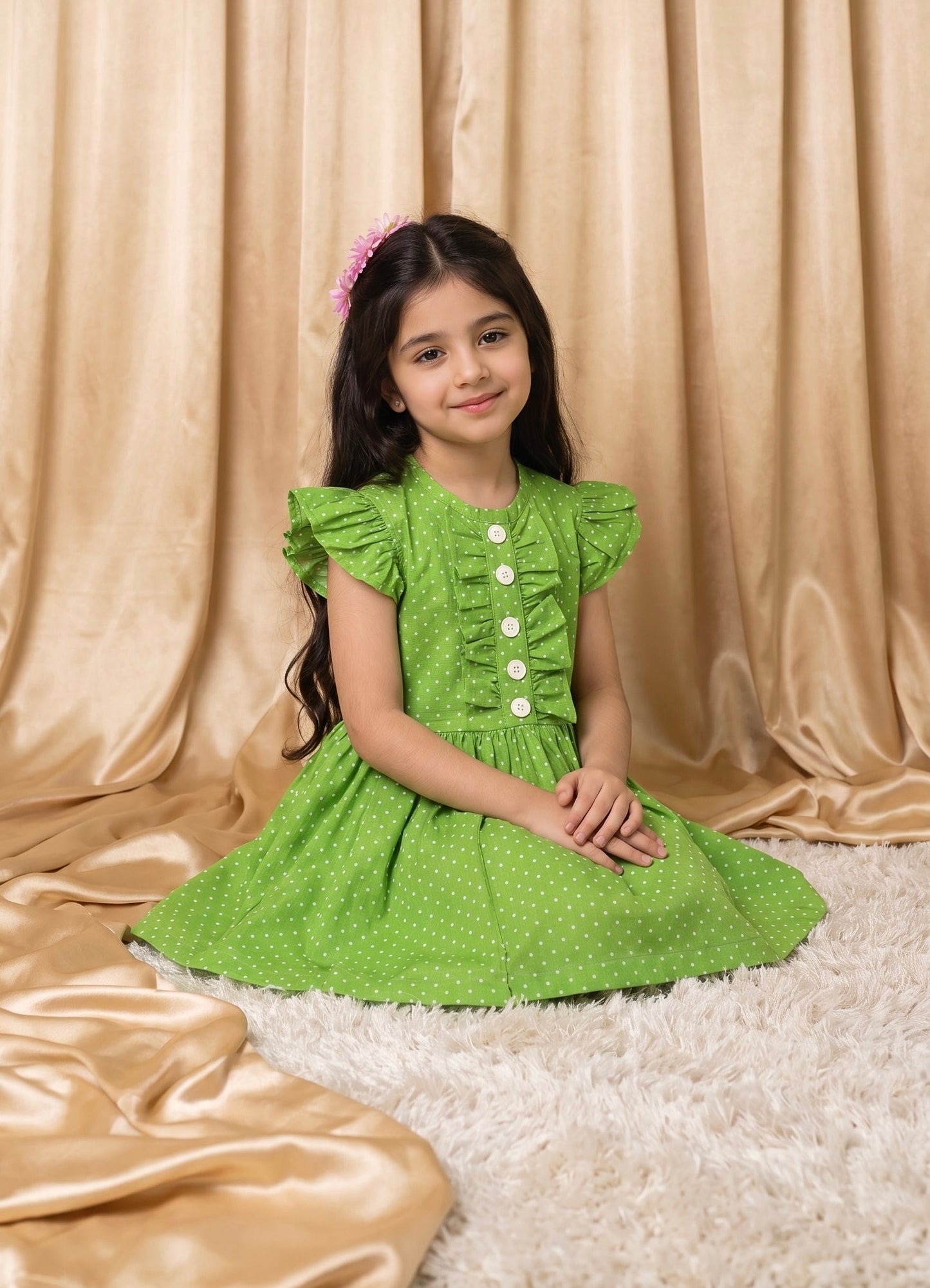 Green Polka Dots Cotton Frock (M054)