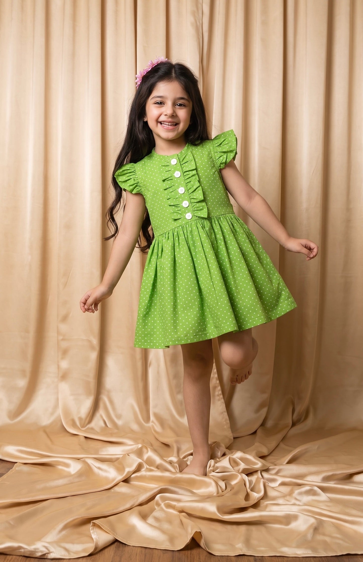 Green Polka Dots Cotton Frock (M054)