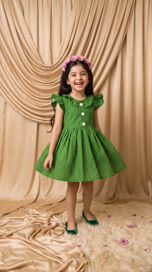 Green Polka Dots Cotton Frock (M039)