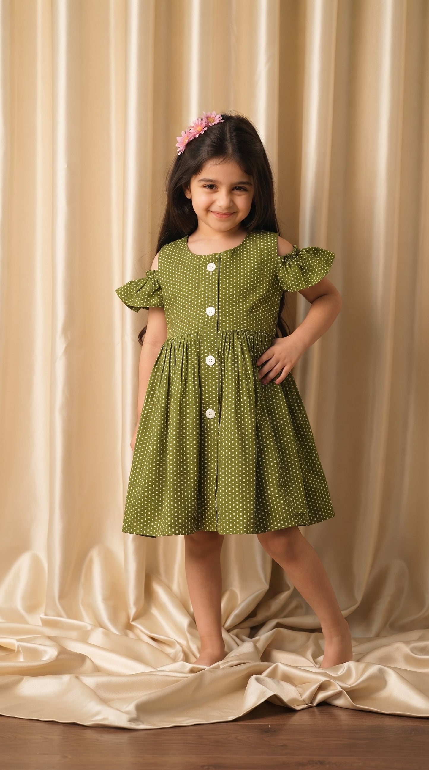 Green Polka Dots Cotton Frock (M051)
