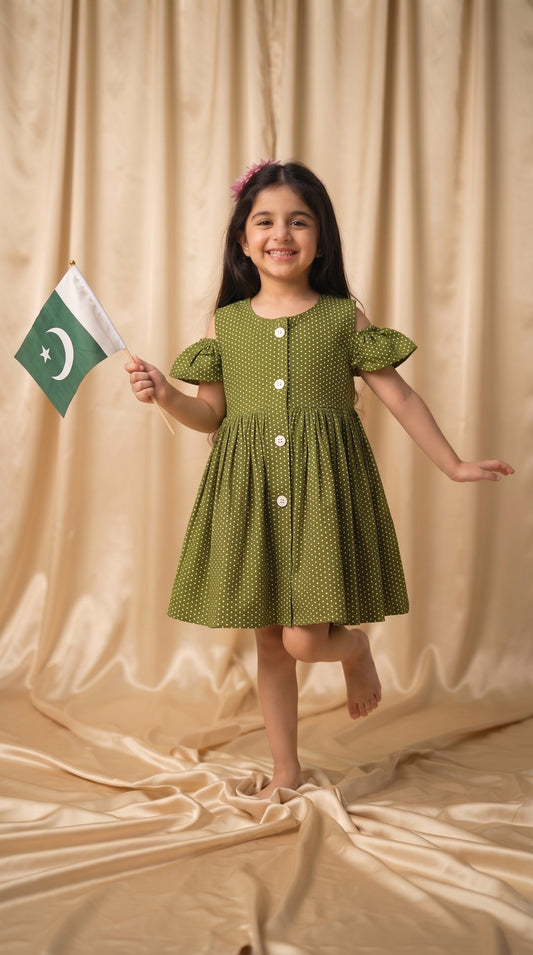 Green Polka Dots Cotton Frock (M051)