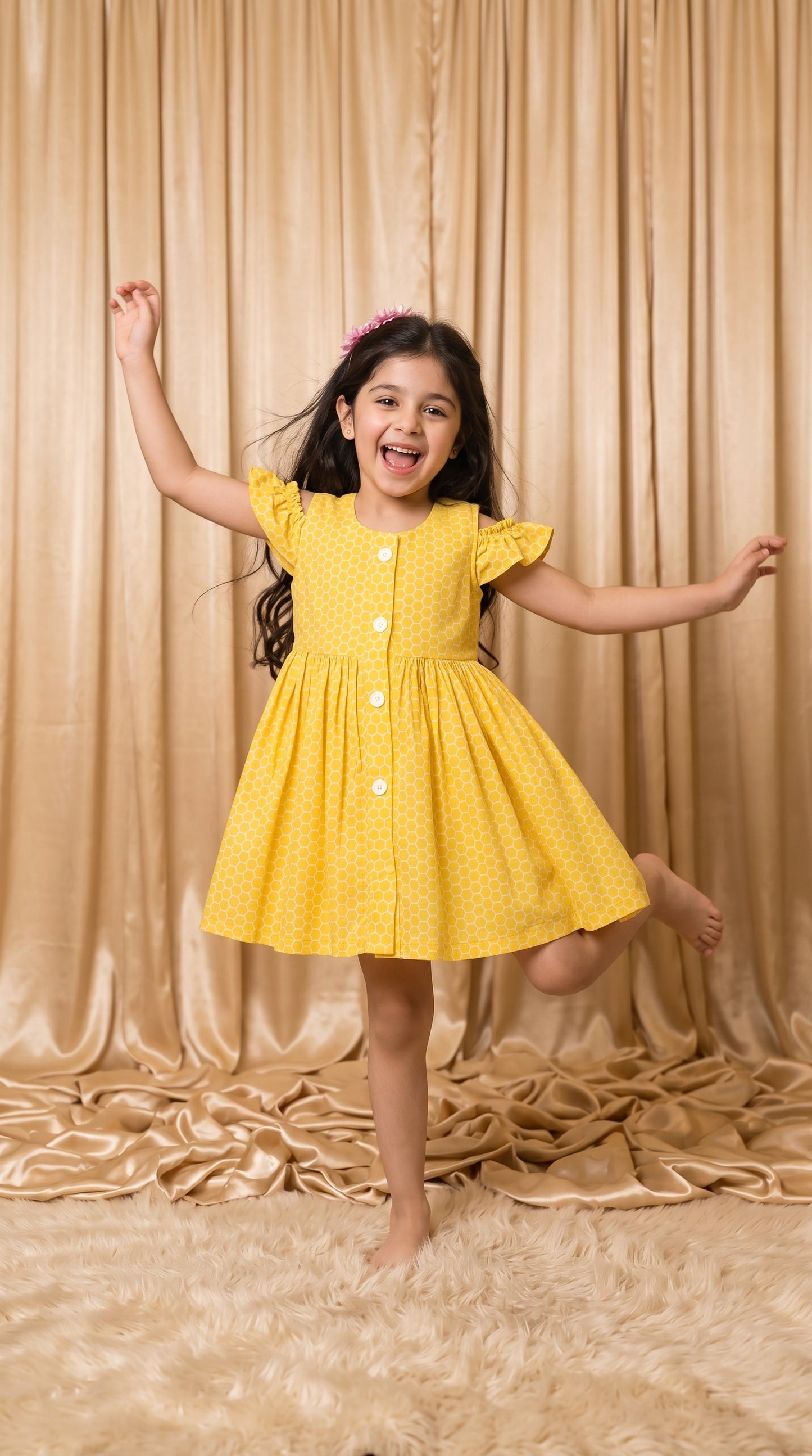 Yellow Honeycomb Cotton Frock (M053)