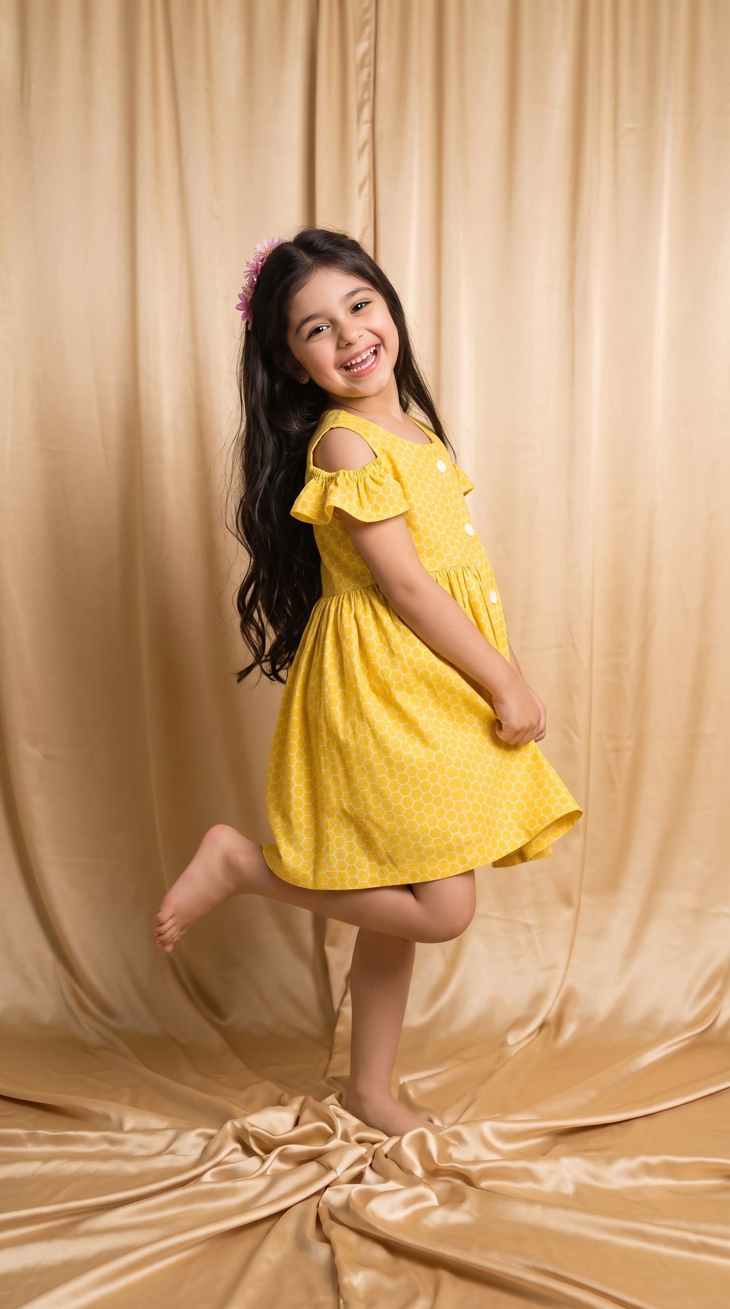 Yellow Honeycomb Cotton Frock (M053)