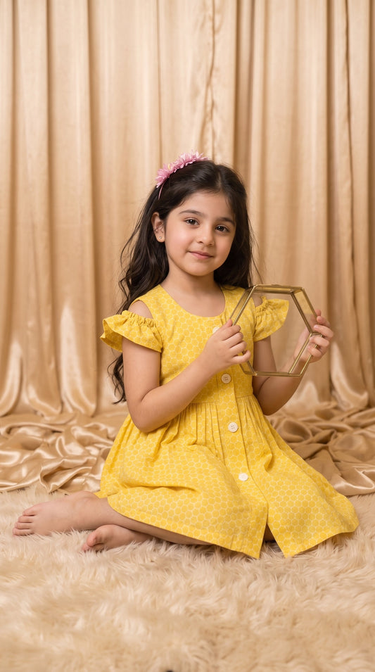 Yellow Honeycomb Cotton Frock (M053)