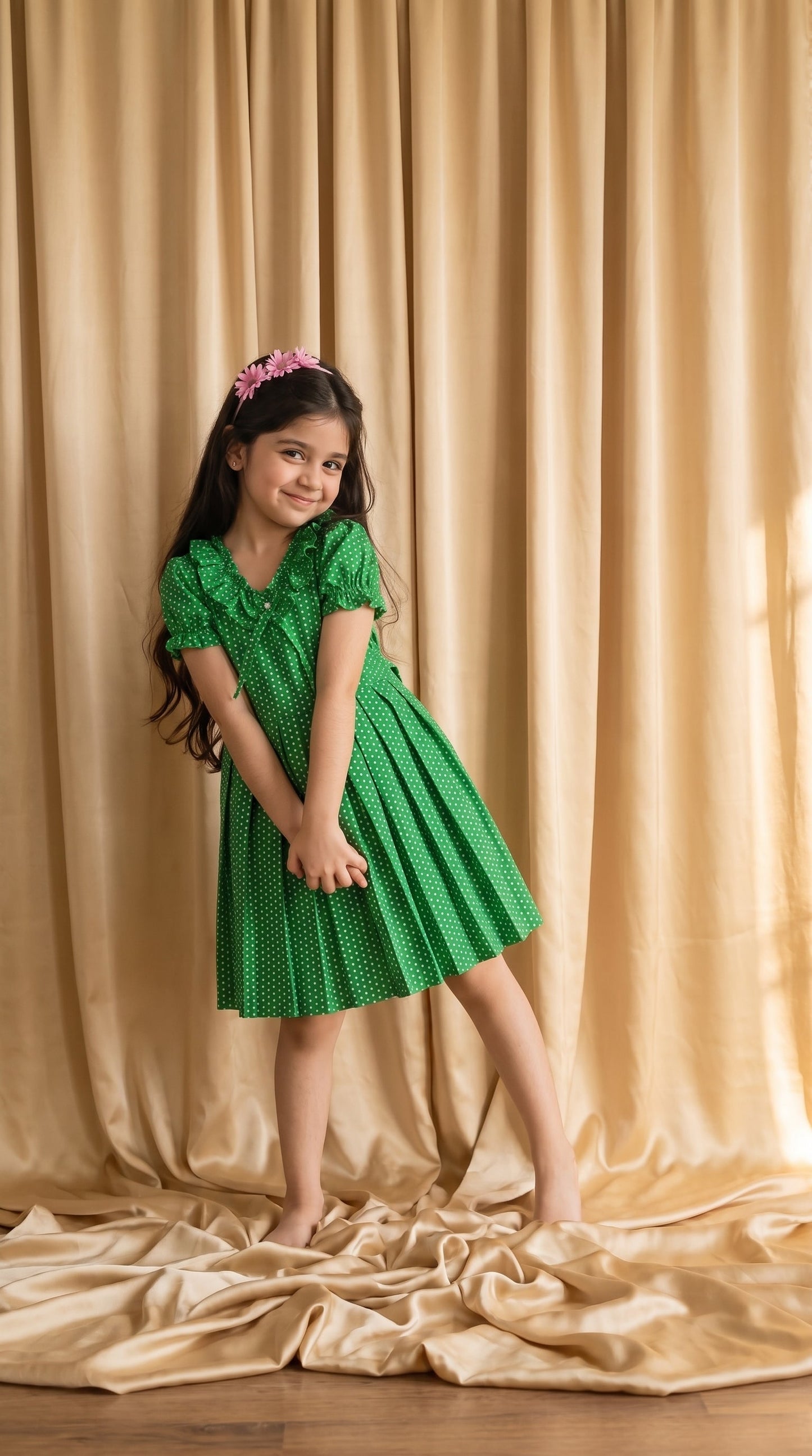 Green Polka Dots Cotton Frock (M056)