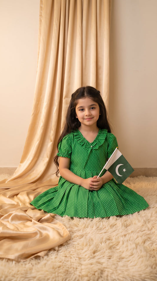 Green Polka Dots Cotton Frock (M056)