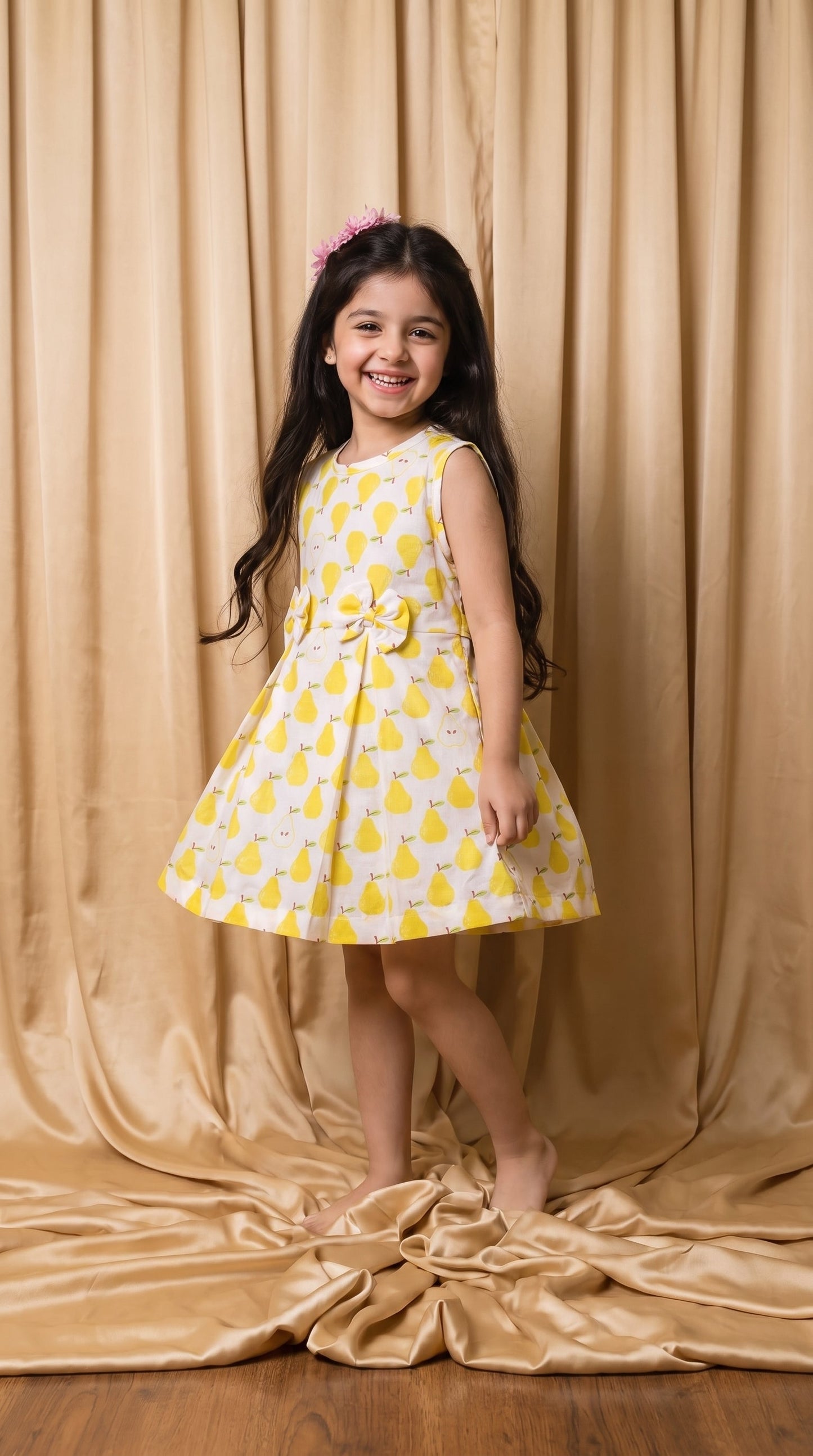 White & Yellow Pear Print Cotton Frock (M060)