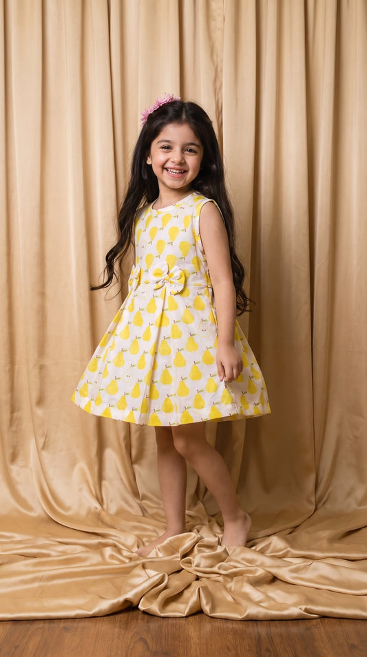 White & Yellow Pear Print Cotton Frock (M060)