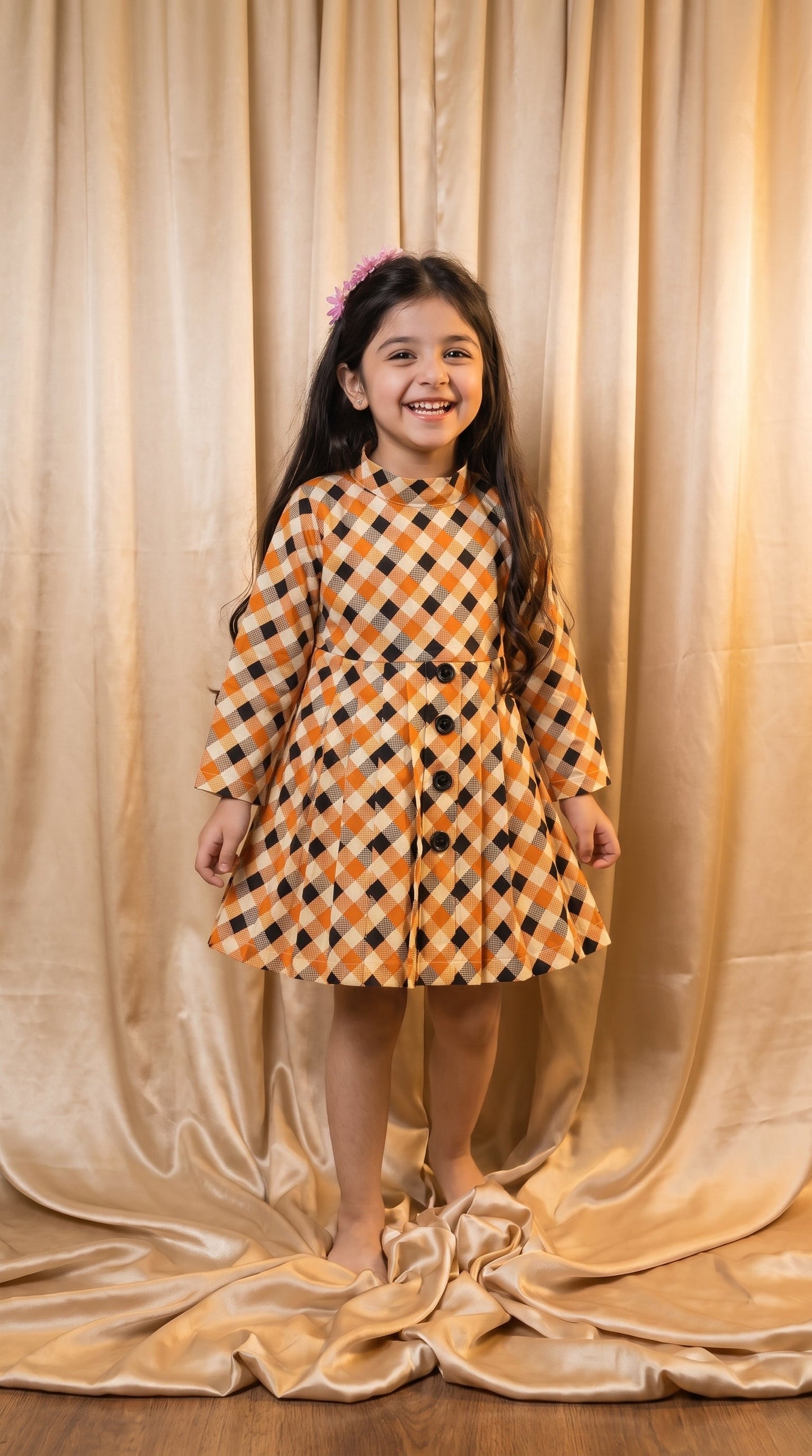 Orange & Black Checkered Cotton Frock (M062)