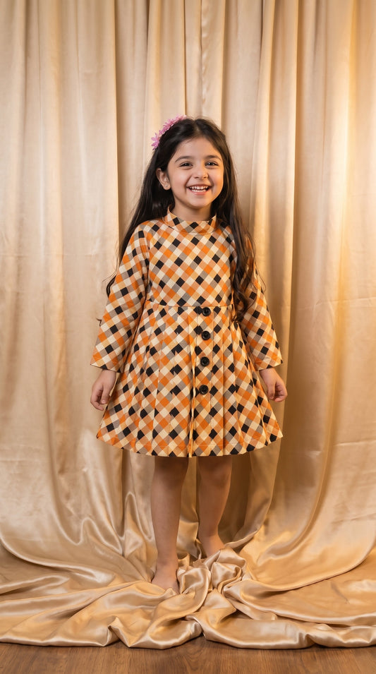 Orange & Black Checkered Cotton Frock (M062)