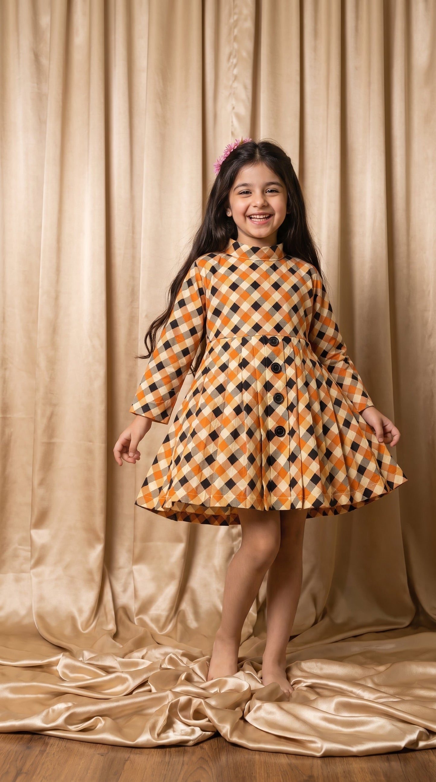 Orange & Black Checkered Cotton Frock (M062)
