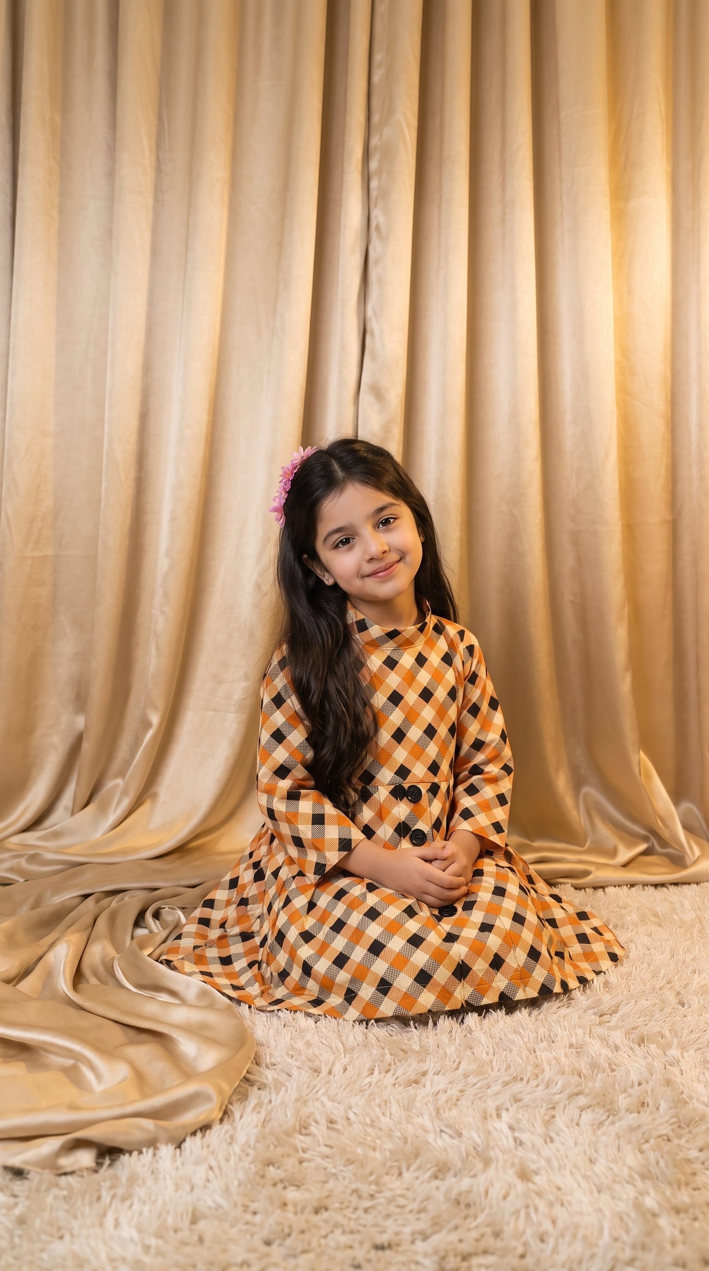 Orange & Black Checkered Cotton Frock (M062)