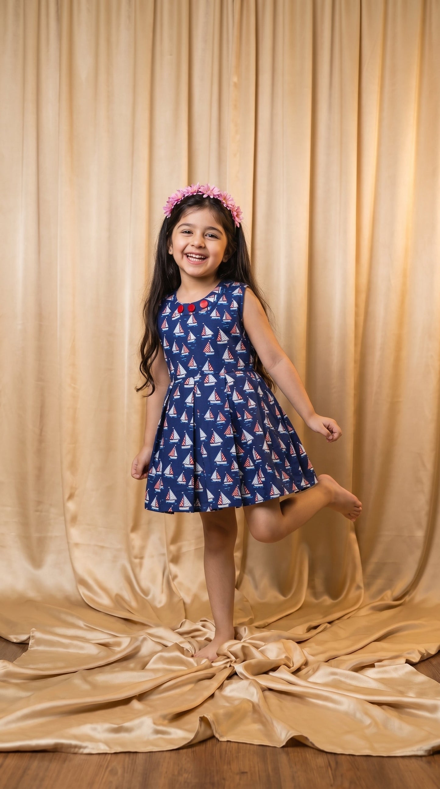 Navy Blue Sailboat Cotton Frock (M064)