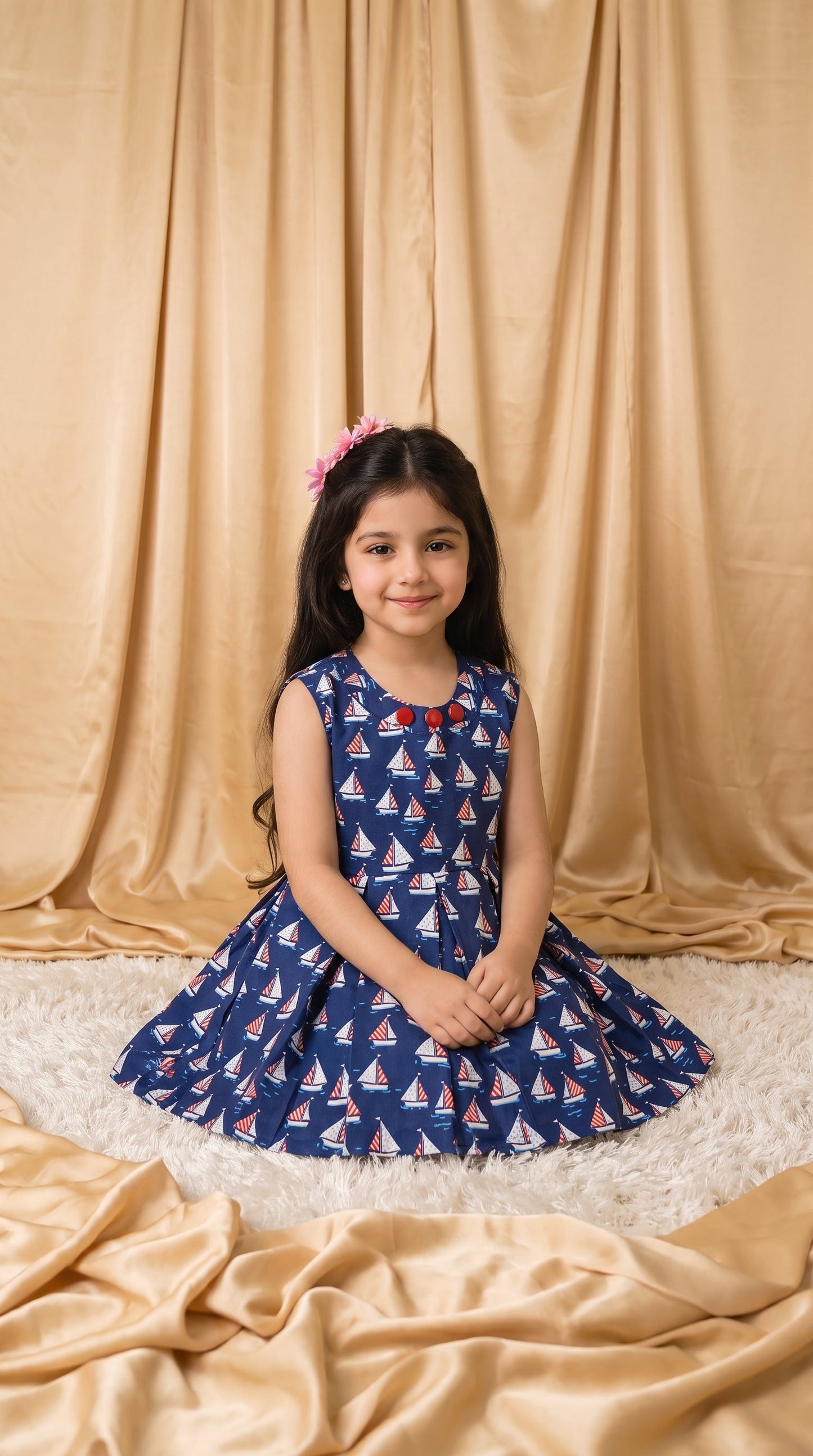 Navy Blue Sailboat Cotton Frock (M064)