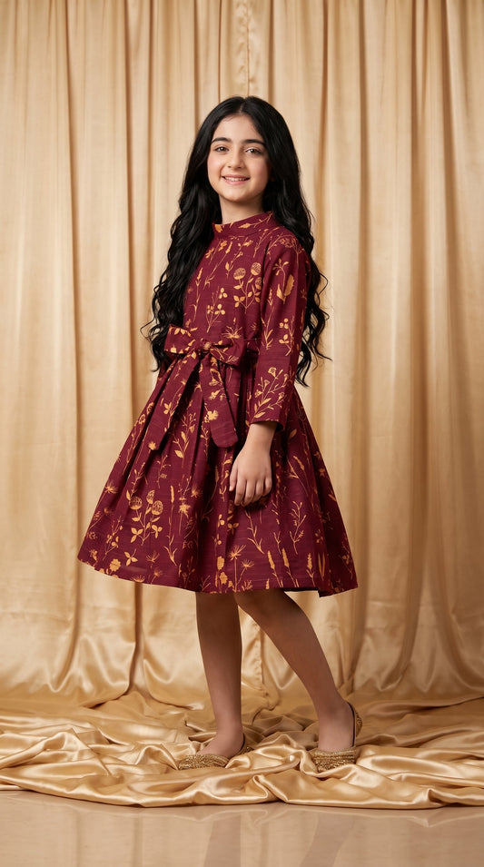 Maroon Floral Khaddar Frock (M083)