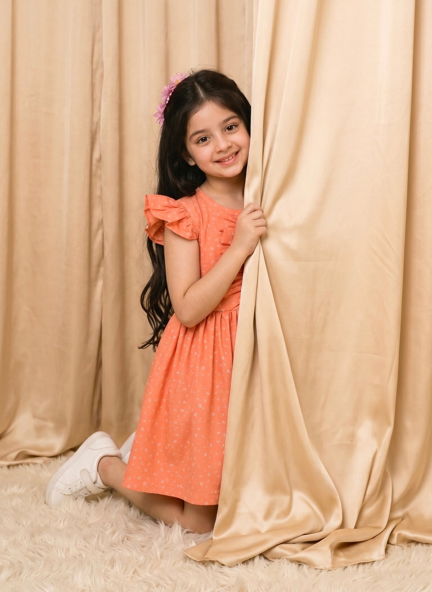 Peach Doted Cotton Frock (M002)