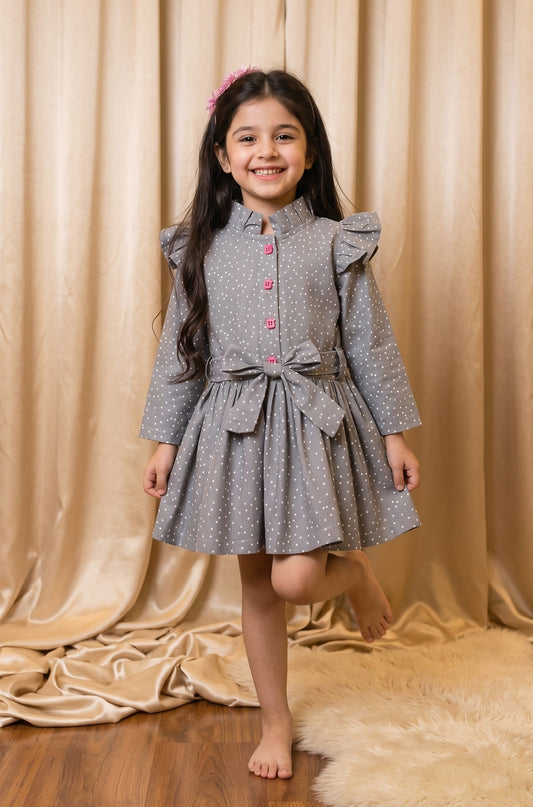 Grey Polka Dot Cotton Frock (M021)