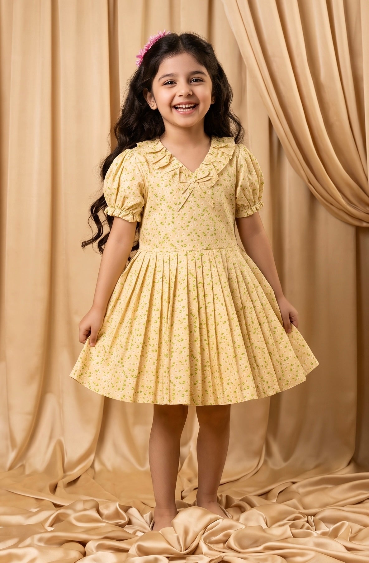 Pale Yellow Floral Print Cotton Frock (M023)