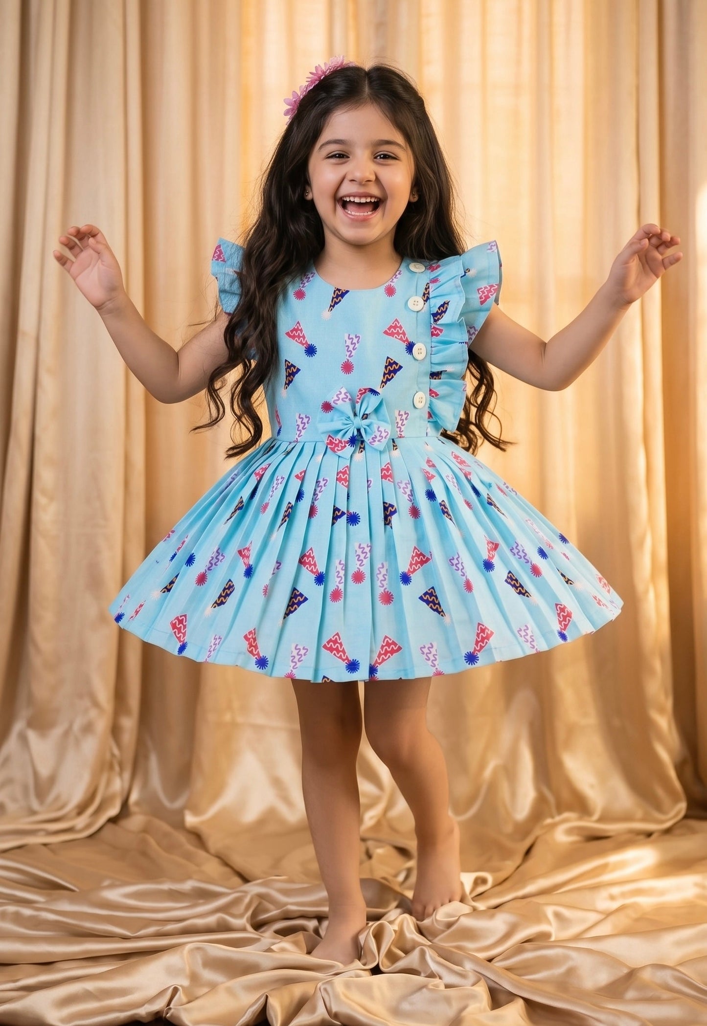 Sky Blue Party Hat Cotton Frock (M024)