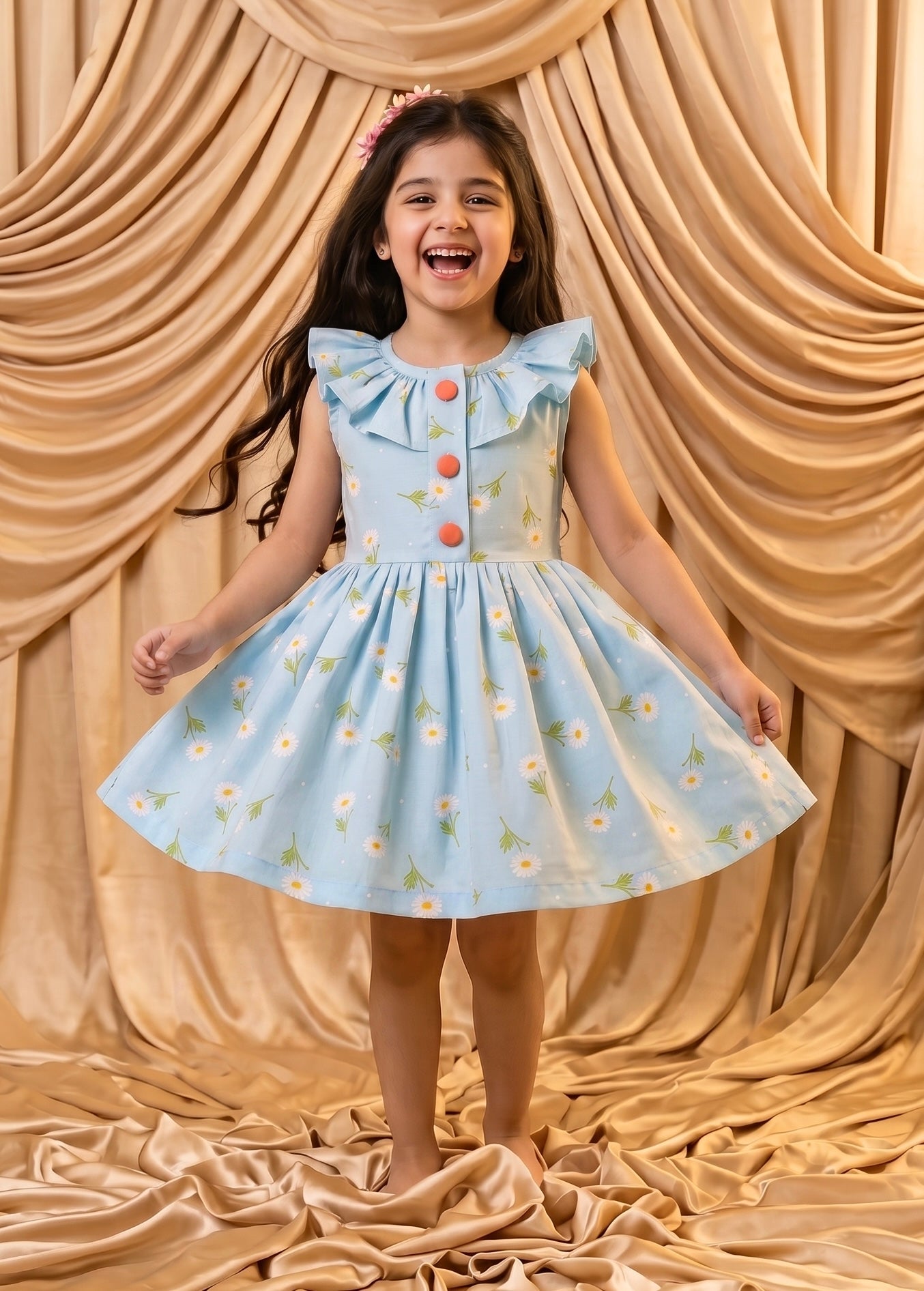 Sky Blue Floral Cotton Frock (M028)